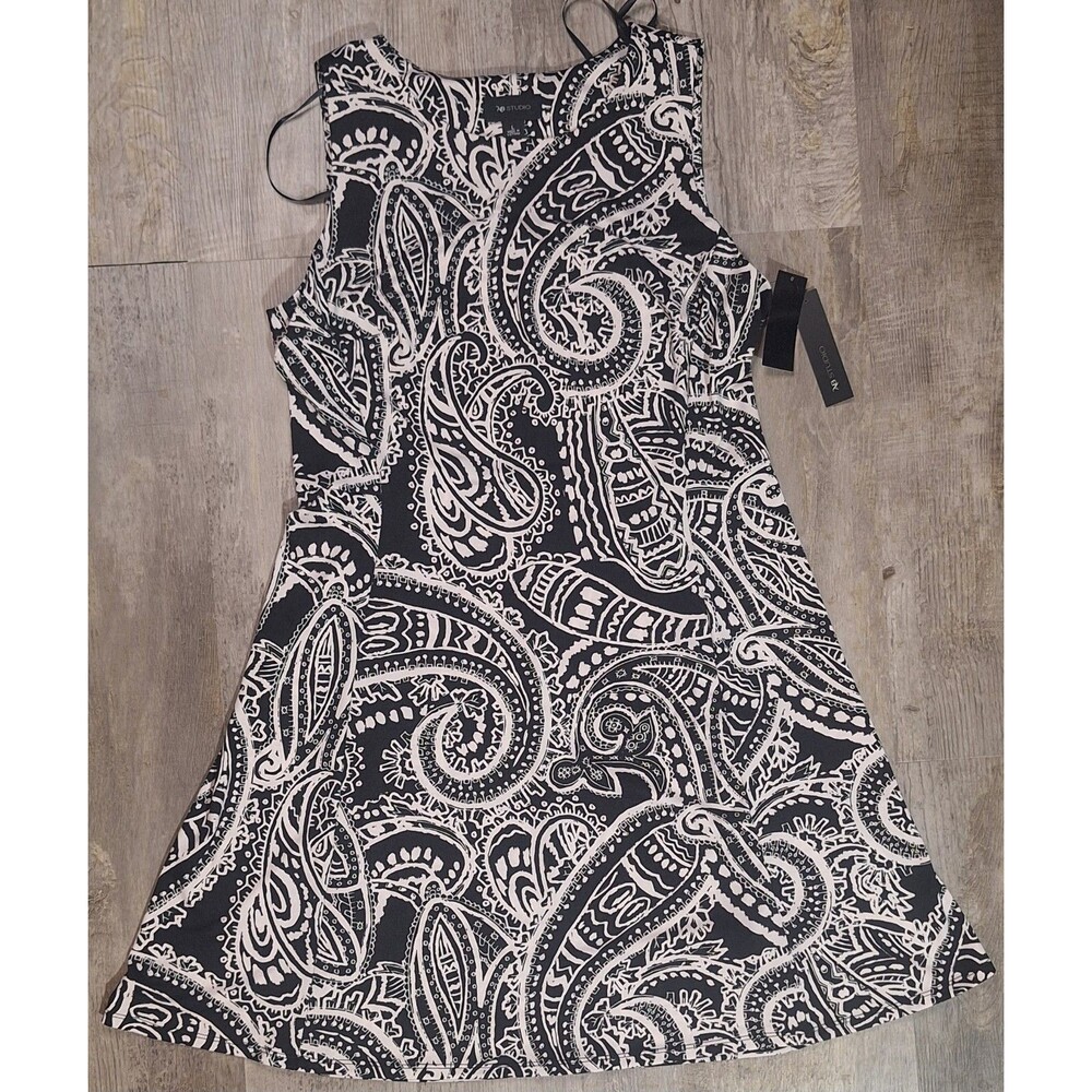 AB Studio Womens Large Dress Black White Paisley Geometric Shift Sleeveless NWT